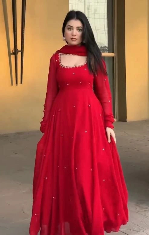 Red Embroidered With Beads Work Suit – Second Front Pose with Dupatta
